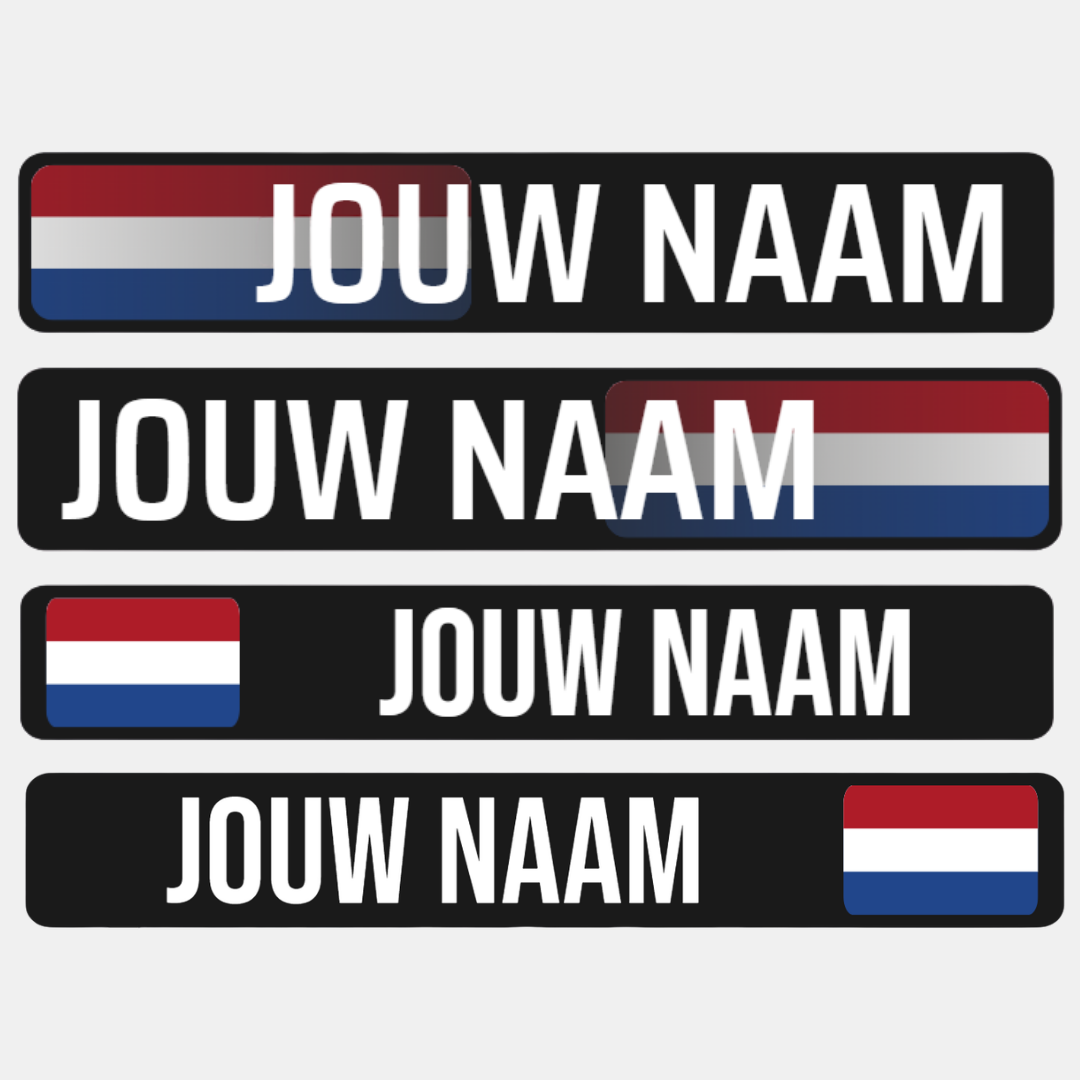 Kleine naamstickers met naam of vlag, zelf samengesteld – zelf te personaliseren met eigen naam, tekst en kleuren.